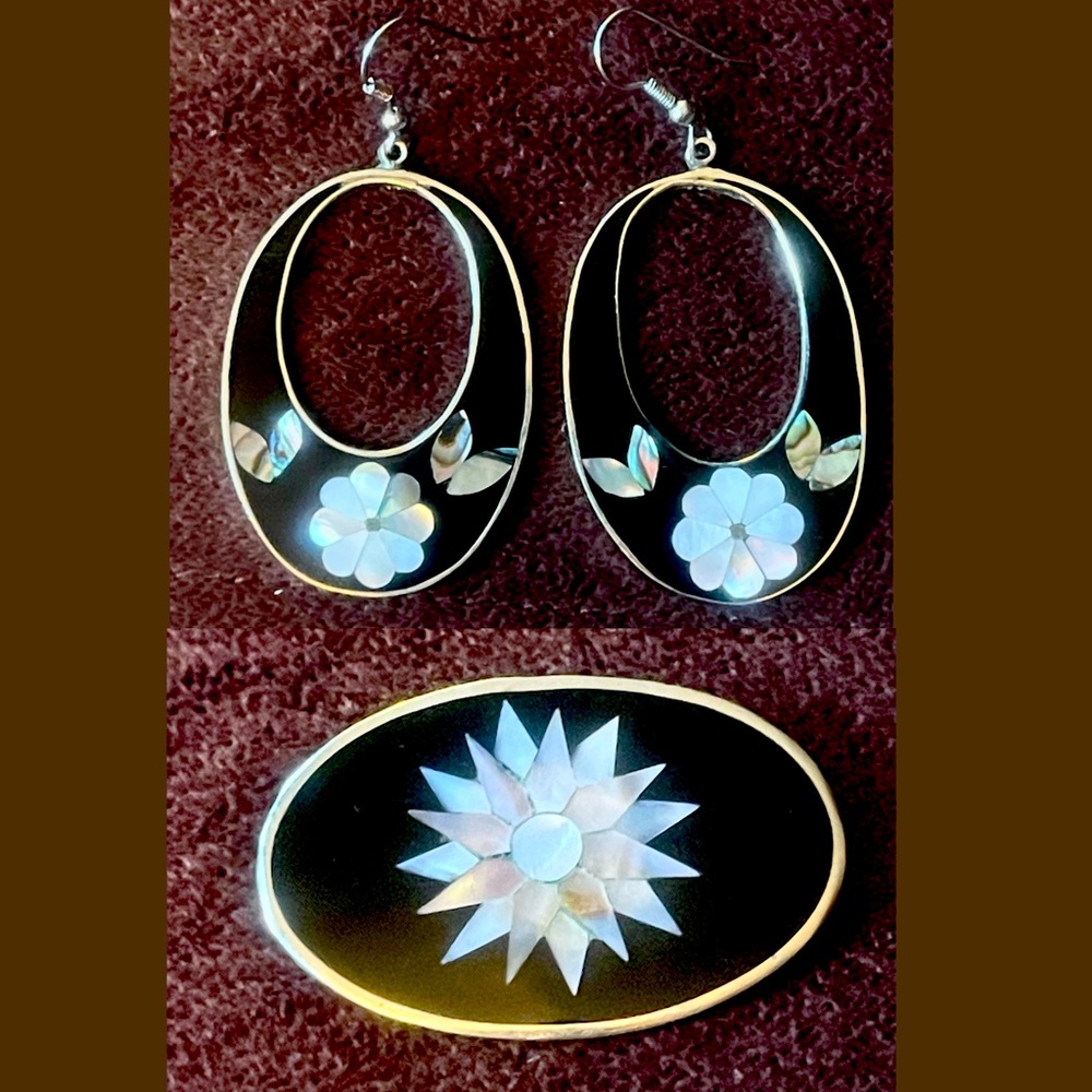 Vintage Alpaca Mexico Silver Earrings/Brooch inlaid Onyx Abalone Mother of Pearl